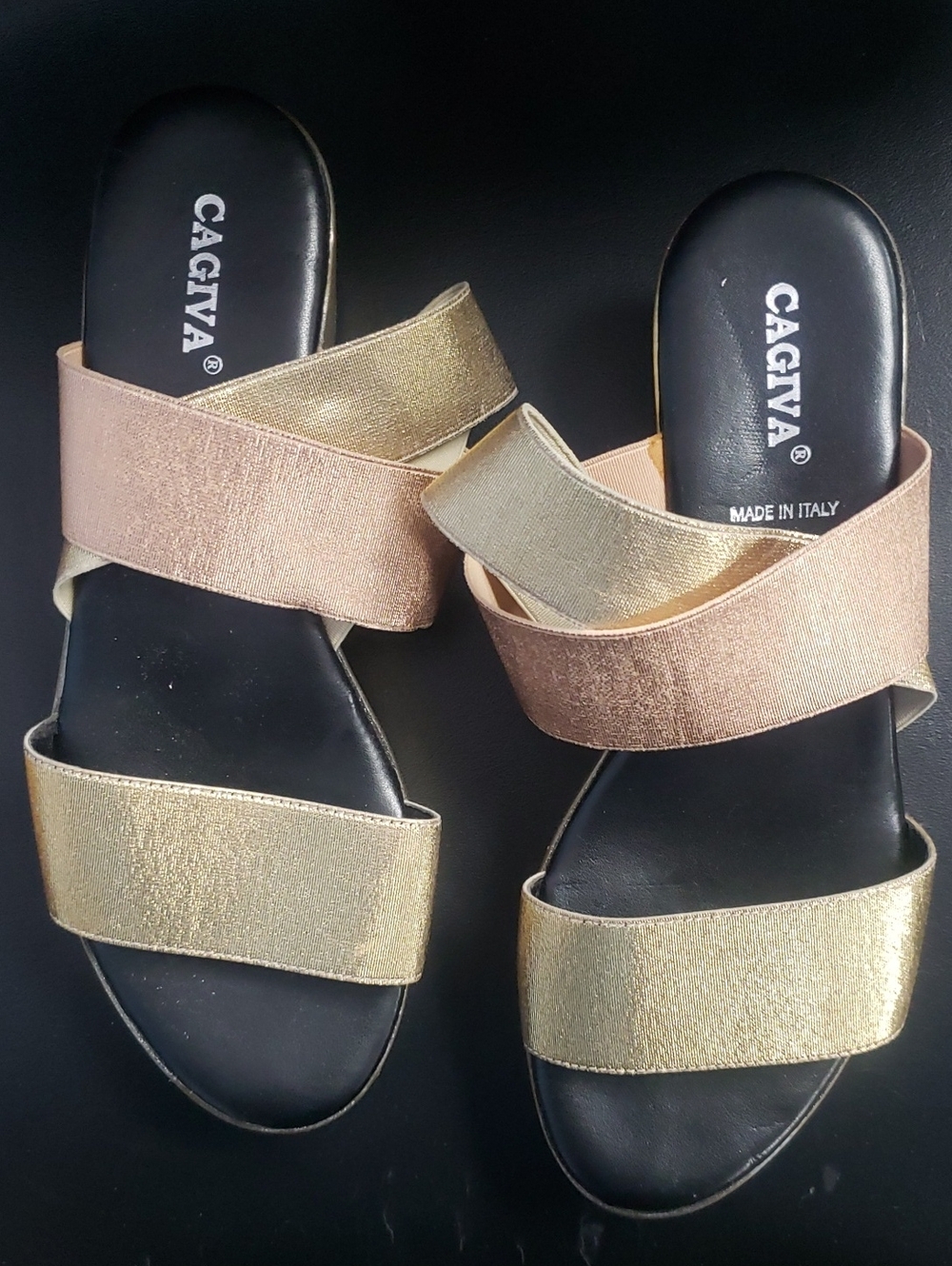 Cagiva Metallic Gold and Rose Cross-Strap Slide Sandals